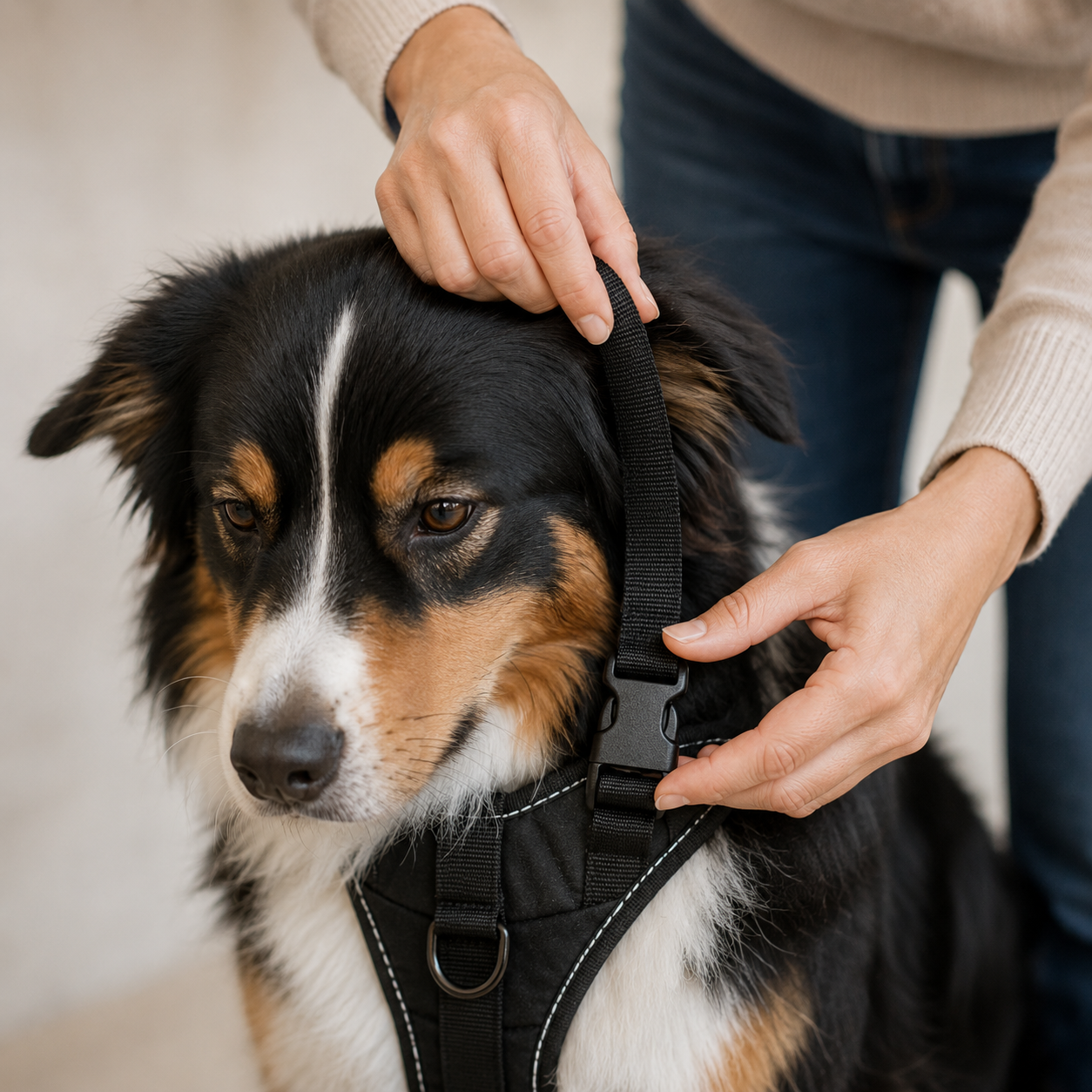 Enfiler le harnais et clipser la boucle sur le chien