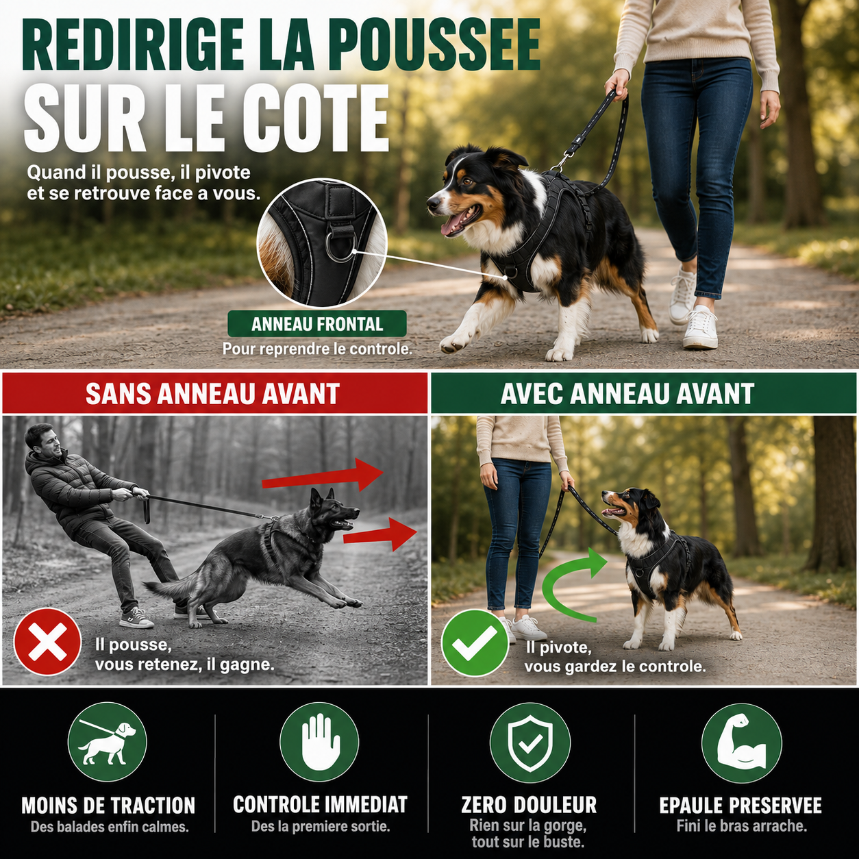 L'anneau devant redirige la poussée sur le côté : le chien se retourne vers vous