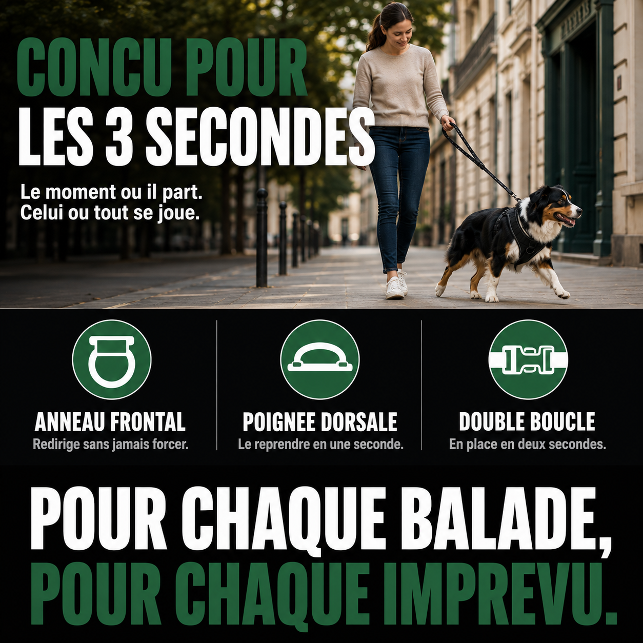 Conçu pour les 3 secondes : anneau frontal, poignée dorsale et double boucle