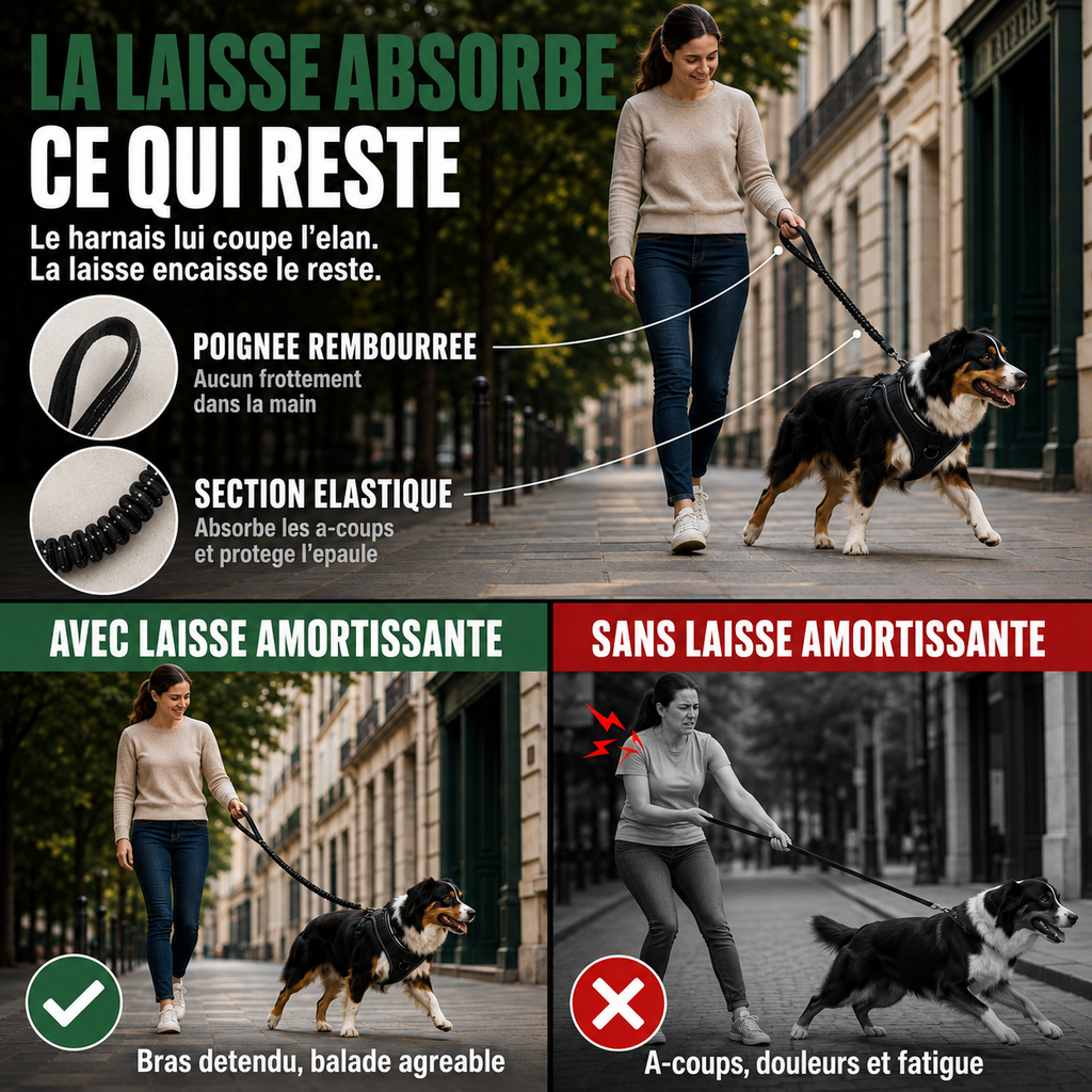 La laisse amortissante absorbe les à-coups et protège l'épaule