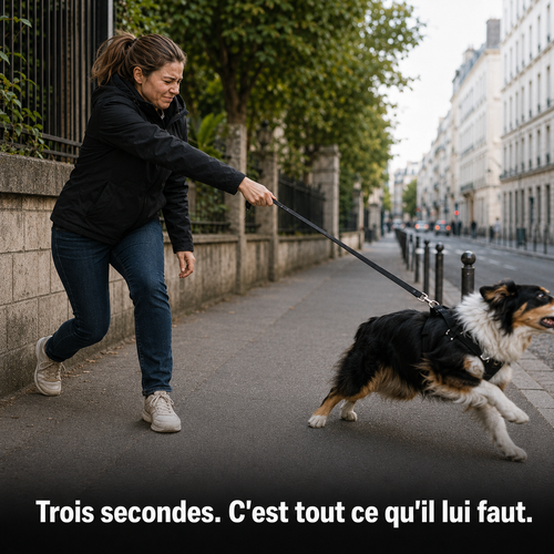 Le chien part d'un coup, l'épaule de sa maîtresse est tirée vers l'avant